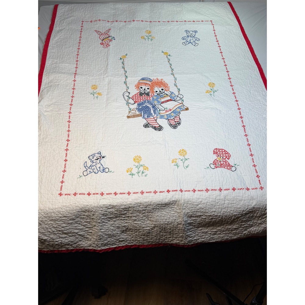 Raggedy Ann Andy Vintage 70's Embroidered Baby Quilt Handmade Nursery 36x56